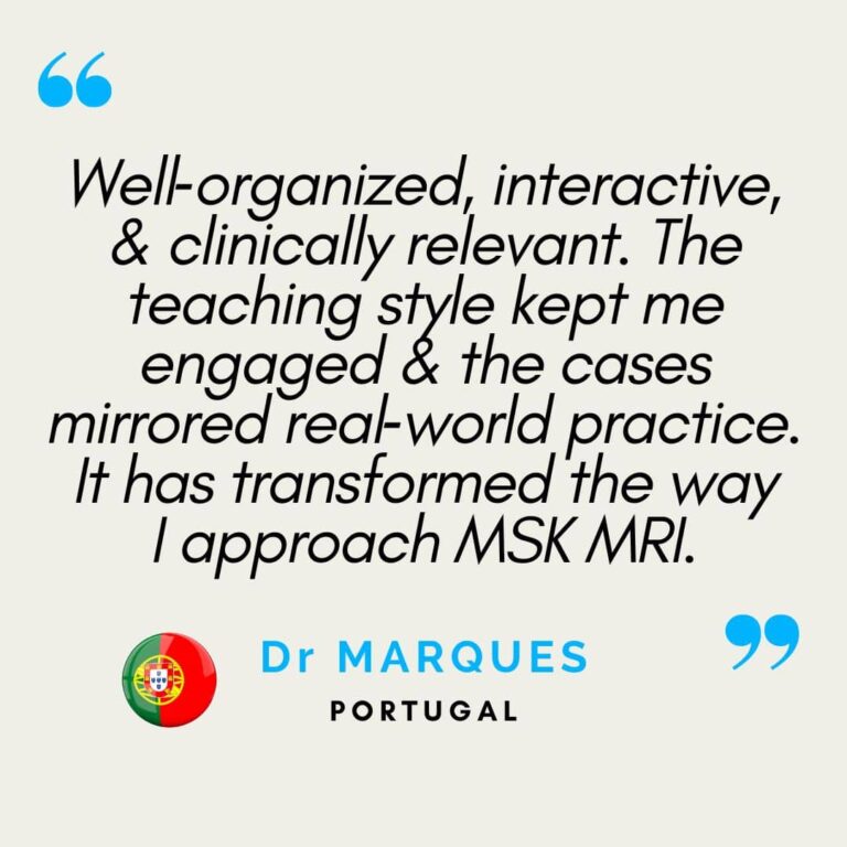 Medical specialist testimonials—radiologists, pain physicians, and sports medicine doctors—highlighting the clinical relevance, diagnostic impact, and educational structure of RadEdAsia’s MRI training programs across musculoskeletal and spine imaging.