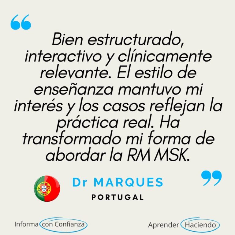 Testimonios de especialistas médicos (radiólogos, médicos especialistas en dolor y médicos especialistas en medicina deportiva) que destacan la relevancia clínica, el impacto diagnóstico y la estructura educativa de los programas de formación en resonancia magnética de RadEdAsia en el ámbito de las imágenes musculoesqueléticas y de la columna vertebral.