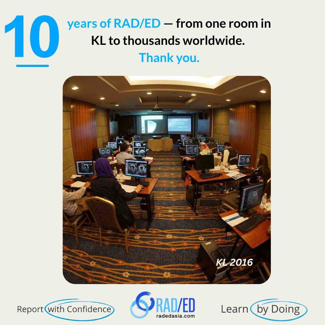 RAD/ED 10-year milestone photo showing a radiology education workshop with participants reviewing medical imaging.